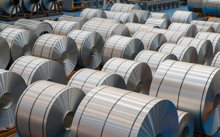 Hot-dip galvanized HDG steel coils in warehouse