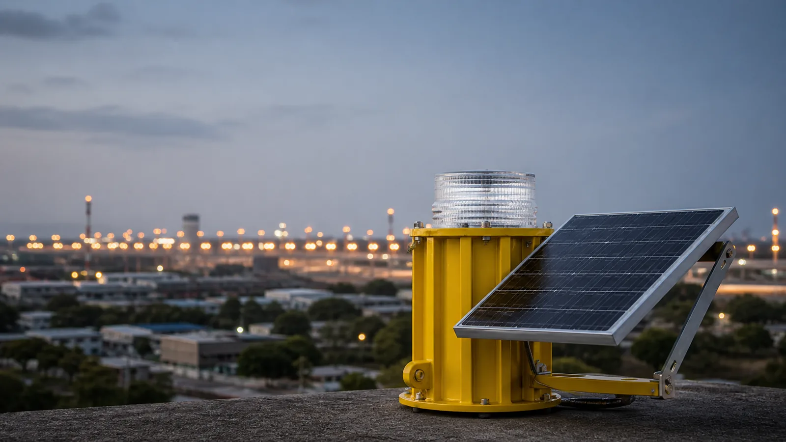 Solar-powered aviation obstruction light overlooking an industrial skyline