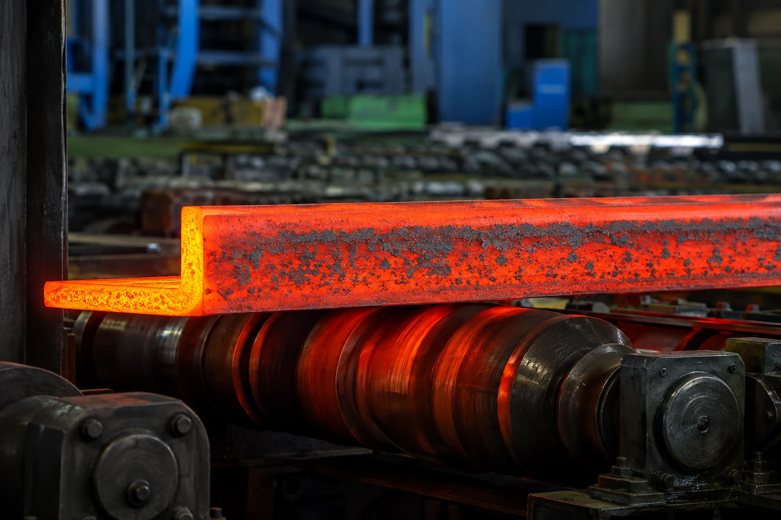 Hot-rolled steel angle section passing through rolling mill rollers